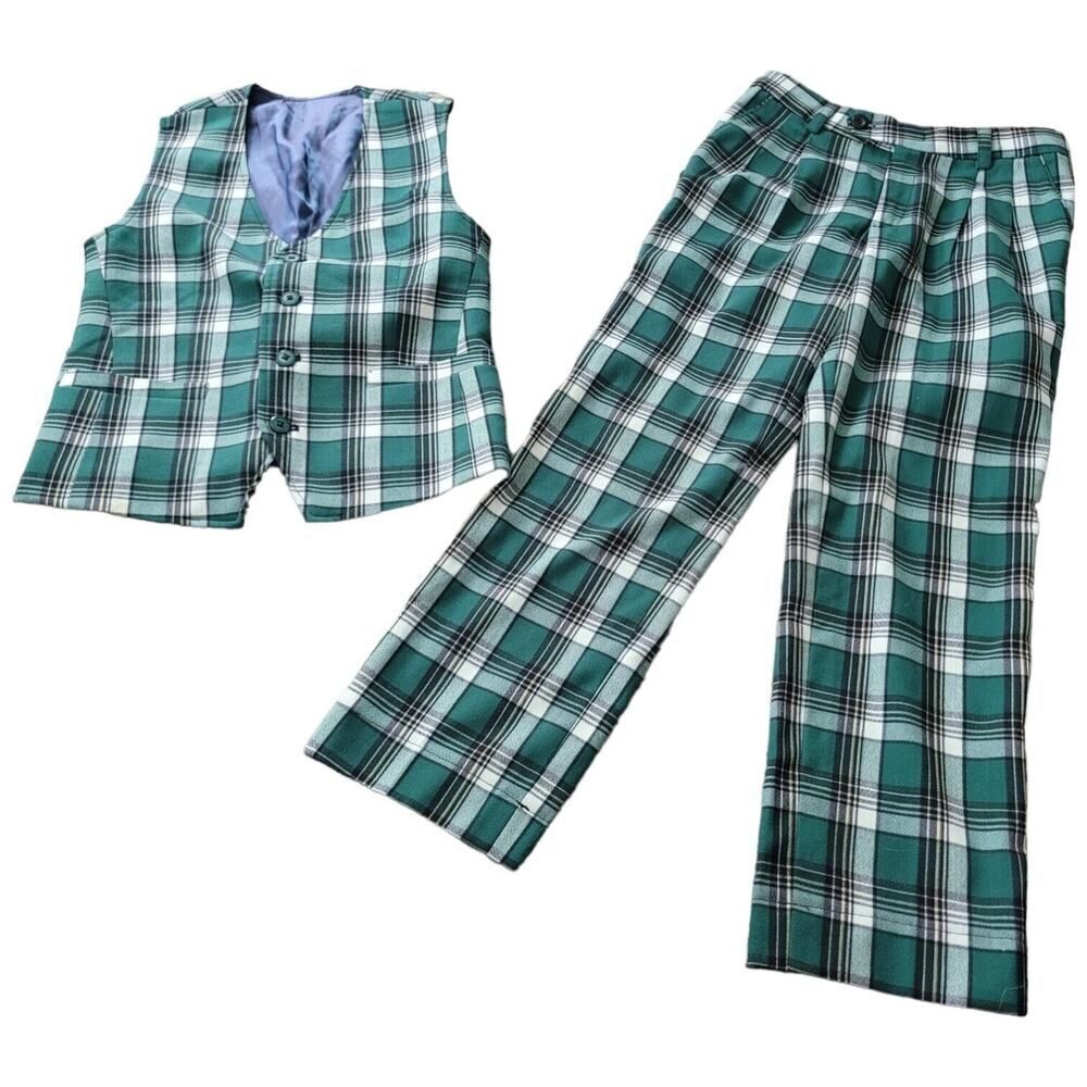 Plaid Green Dressy Church Set Vest Top & Matching Pant Easter Custom Handmade